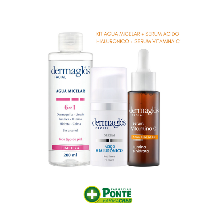 DERMAGLOS - Kit Agua Micelar + Serum Acido Hialuronico + Serum Vitamina C